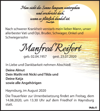 Traueranzeige von Manfred Reifert von Super Sonntag Zeitz