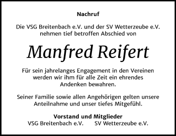 Traueranzeige von Manfred Reifert von Mitteldeutsche Zeitung Zeitz
