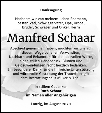 Traueranzeige von Manfred Schaar von Mitteldeutsche Zeitung Zeitz