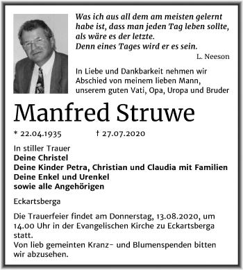 Traueranzeige von Manfred Struwe von Wochenspiegel Naumburg/Nebra