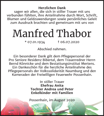 Traueranzeige von Manfred Thabor von Wochenspiegel Naumburg/Nebra