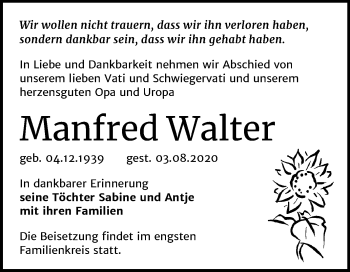 Traueranzeige von Manfred Walter von Wochenspiegel Naumburg/Nebra