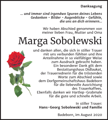 Traueranzeige von Marga Sobolewski von Super Sonntag Quedlinburg