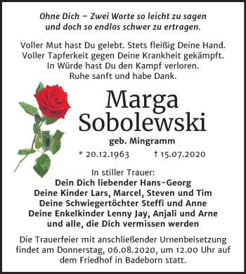 Traueranzeige von Marga Sobolewski von Super Sonntag Quedlinburg