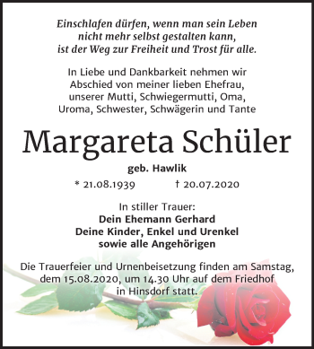 Traueranzeige von Margareta Schüler von Super Sonntag Köthen