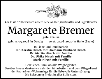 Traueranzeige von Margarete Bremer von Mitteldeutsche Zeitung Halle/Saalkreis