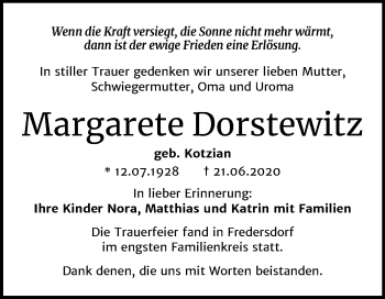 Traueranzeige von Margarete Dorstewitz von Wochenspiegel Naumburg/Nebra