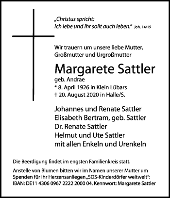 Traueranzeige von Margarete Sattler von Mitteldeutsche Zeitung Naumburg/Nebra