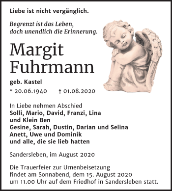 Traueranzeige von Margit Fuhrmann von Super Sonntag Mansfelder Land