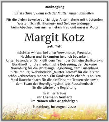 Traueranzeige von Margit Kotz von Wochenspiegel Naumburg/Nebra