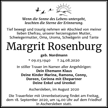 Traueranzeige von Margrit Rosenburg von Mitteldeutsche Zeitung Aschersleben