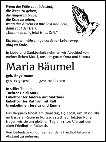 Traueranzeige von Maria Bäumel von Mitteldeutsche Zeitung Bitterfeld