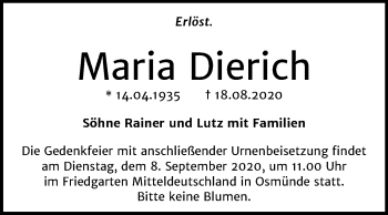 Traueranzeige von Maria Dierich von Mitteldeutsche Zeitung Halle/Saalkreis