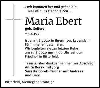 Traueranzeige von Maria Ebert von Wochenspiegel Bitterfeld