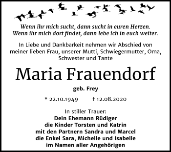 Traueranzeige von Maria Frauendorf von Mitteldeutsche Zeitung Halle/Saalkreis
