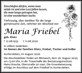 Traueranzeige von Maria Friebel von Super Sonntag Aschersleben