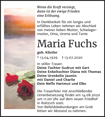 Traueranzeige von Maria Fuchs von Mitteldeutsche Zeitung Bitterfeld