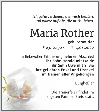 Traueranzeige von Maria Rother von Wochenspiegel Naumburg/Nebra