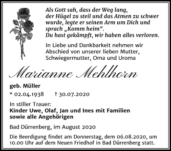 Traueranzeige von Marianne Mehlhorn von Mitteldeutsche Zeitung Merseburg/Querfurt