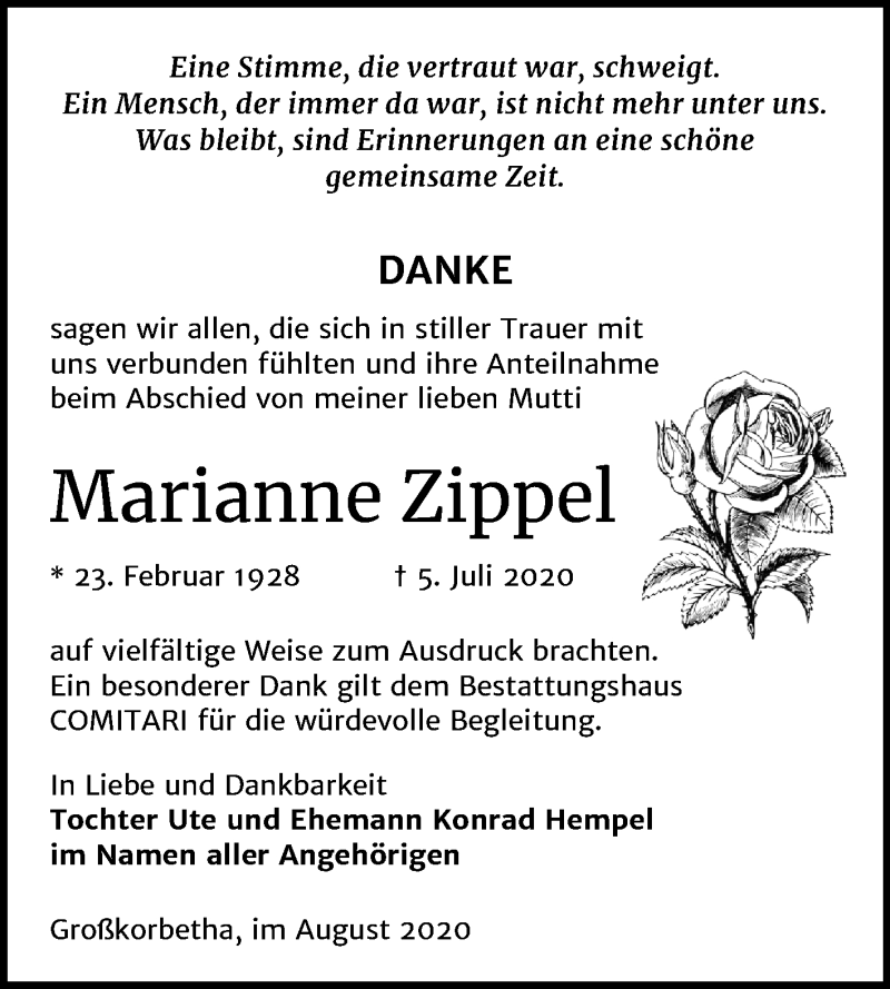  Traueranzeige für Marianne Zippel vom 01.08.2020 aus Super Sonntag Zeitz