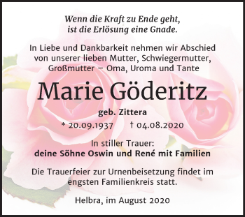 Traueranzeige von Marie Göderitz von Super Sonntag Mansfelder Land