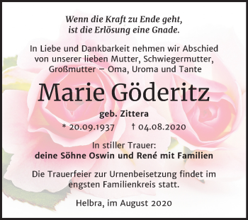 Traueranzeige von Marie Göderitz von Mitteldeutsche Zeitung Mansfelder Land