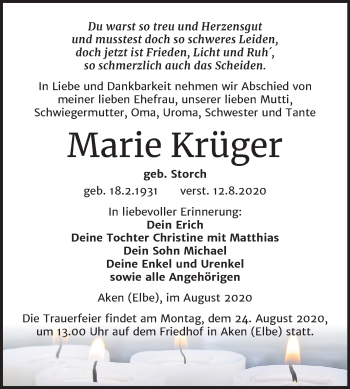 Traueranzeige von Marie Krüger von Mitteldeutsche Zeitung Köthen