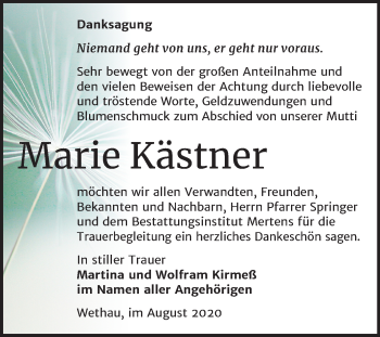 Traueranzeige von Marie Kästner von Wochenspiegel Naumburg/Nebra