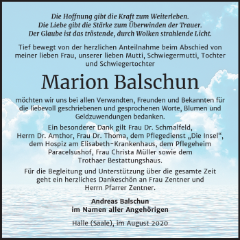 Traueranzeige von Marion Balschun von Mitteldeutsche Zeitung Halle/Saalkreis