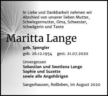 Traueranzeige von Maritta Lange von Super Sonntag Sangerhausen
