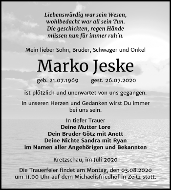 Traueranzeige von Marko Jeske von Super Sonntag Zeitz