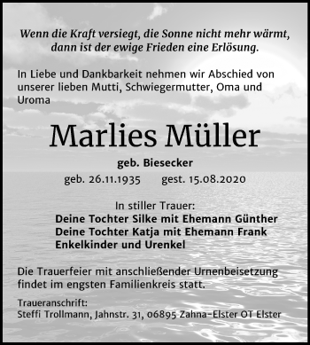Traueranzeige von Marlies Müller von Super Sonntag Wittenberg