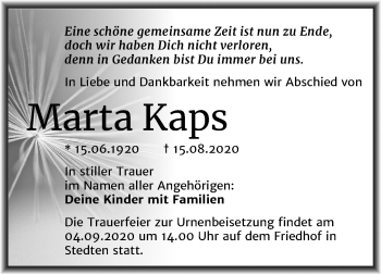 Traueranzeige von Marta Kaps von Wochenspiegel Mansfelder Land