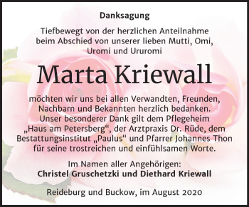 Traueranzeige von Marta Kriewall von Mitteldeutsche Zeitung Halle/Saalkreis