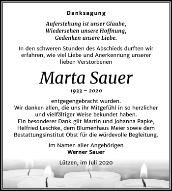 Traueranzeige von Marta Sauer von Mitteldeutsche Zeitung Weißenfels