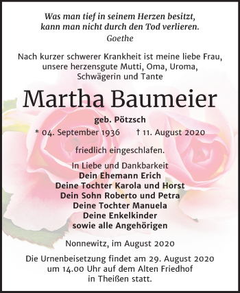 Traueranzeige von Martha Baumeier von Super Sonntag Zeitz