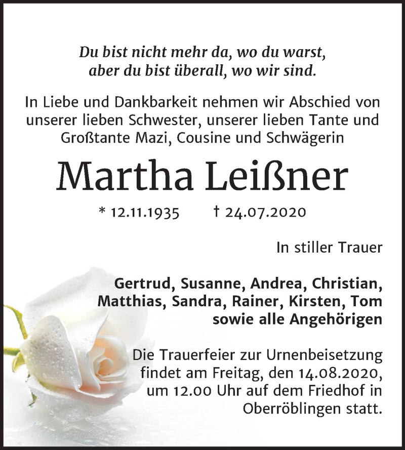  Traueranzeige für Martha Leißner vom 05.08.2020 aus Mitteldeutsche Zeitung Sangerhausen