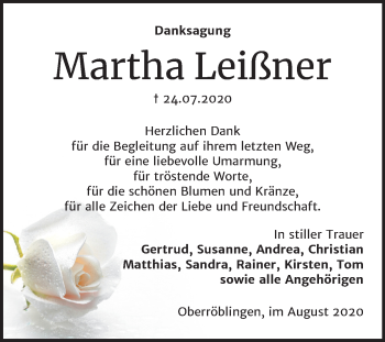 Traueranzeige von Martha Leißner von Super Sonntag Sangerhausen