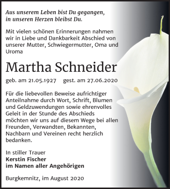 Traueranzeige von Martha Schneider von Mitteldeutsche Zeitung Bitterfeld