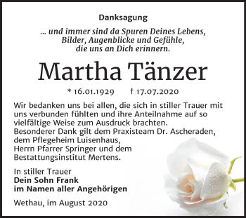 Traueranzeige von Martha Tänzer von Wochenspiegel Naumburg/Nebra
