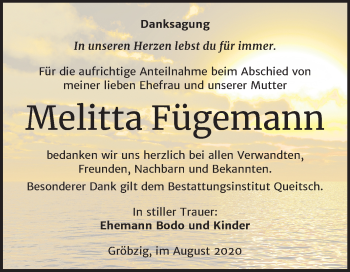 Traueranzeige von Melitta Fügemann von Super Sonntag Köthen