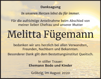 Traueranzeige von Melitta Fügemann von Mitteldeutsche Zeitung Köthen