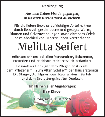 Traueranzeige von Melitta Seifert von Mitteldeutsche Zeitung Köthen