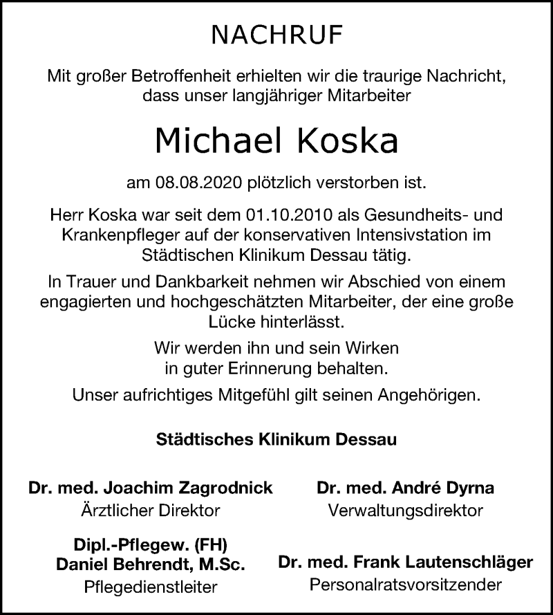  Traueranzeige für Michael Koska vom 22.08.2020 aus Mitteldeutsche Zeitung Dessau-Roßlau