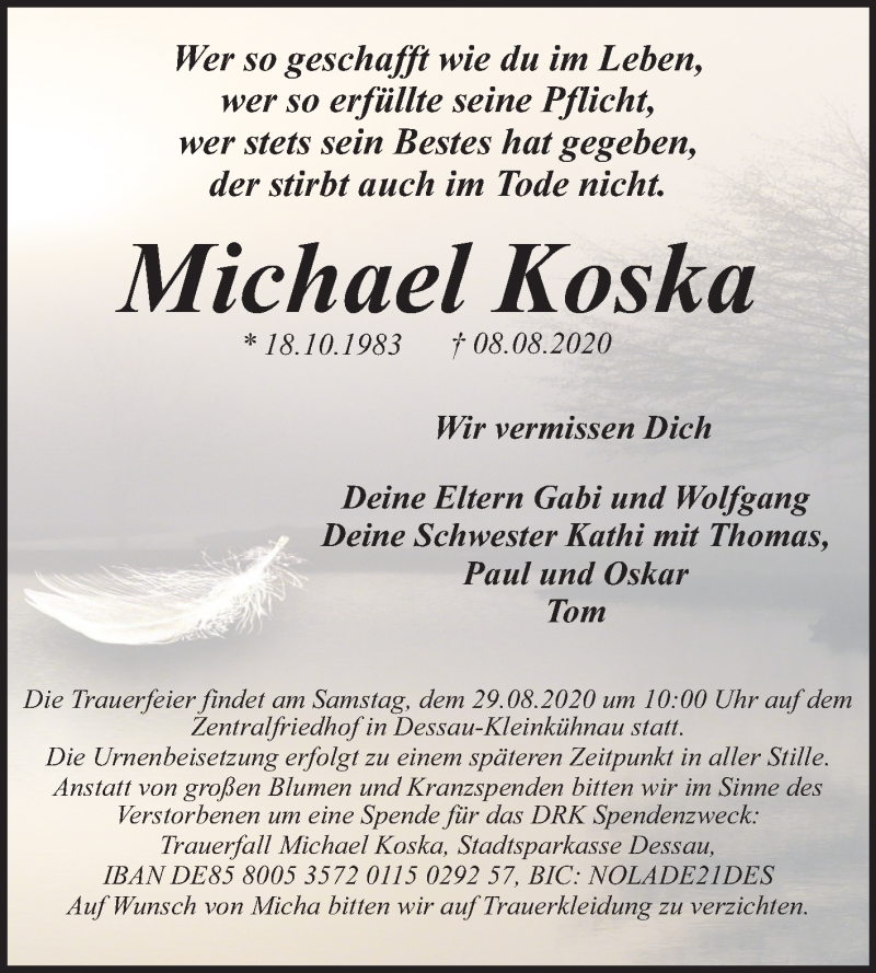  Traueranzeige für Michael Koska vom 22.08.2020 aus Mitteldeutsche Zeitung Dessau-Roßlau