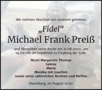 Traueranzeige von Michael Frank Preiß von Mitteldeutsche Zeitung Naumburg/Nebra