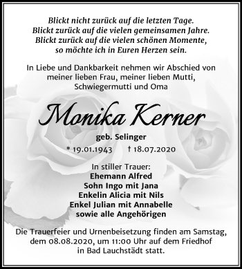 Traueranzeige von Monika Kerner von Mitteldeutsche Zeitung Merseburg/Querfurt