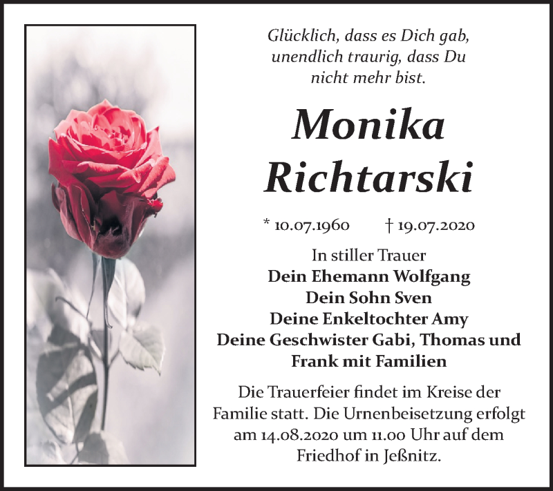  Traueranzeige für Monika Richtarski vom 01.08.2020 aus Mitteldeutsche Zeitung Bitterfeld