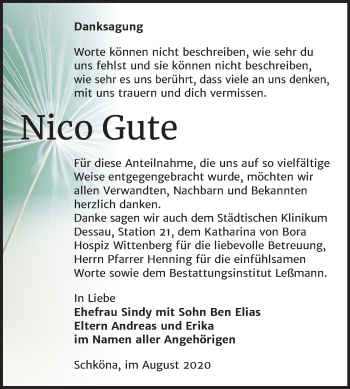Traueranzeige von Nico Gute von Mitteldeutsche Zeitung Wittenberg