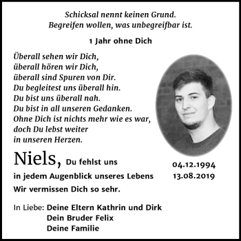 Traueranzeige von Niels Meißner von Super Sonntag Wittenberg